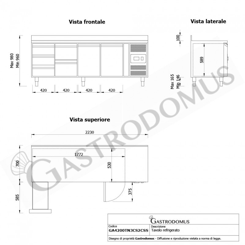 Kühltisch, 2 Türen, 5 Schubladen, Aufkantung, Tiefe 700 mm, -2°C/+8°C