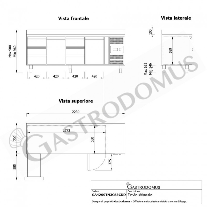 copy of Tavolo refrigerato - 2 porte e 6 cassetti - alzatina - Prof. 700 -2°C/+8°C