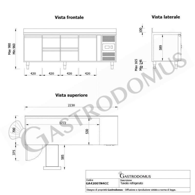 Kühltisch, 2 Türen, 4 Schubladen, Aufkantung, Tiefe 700 mm, -2°C/+8°C