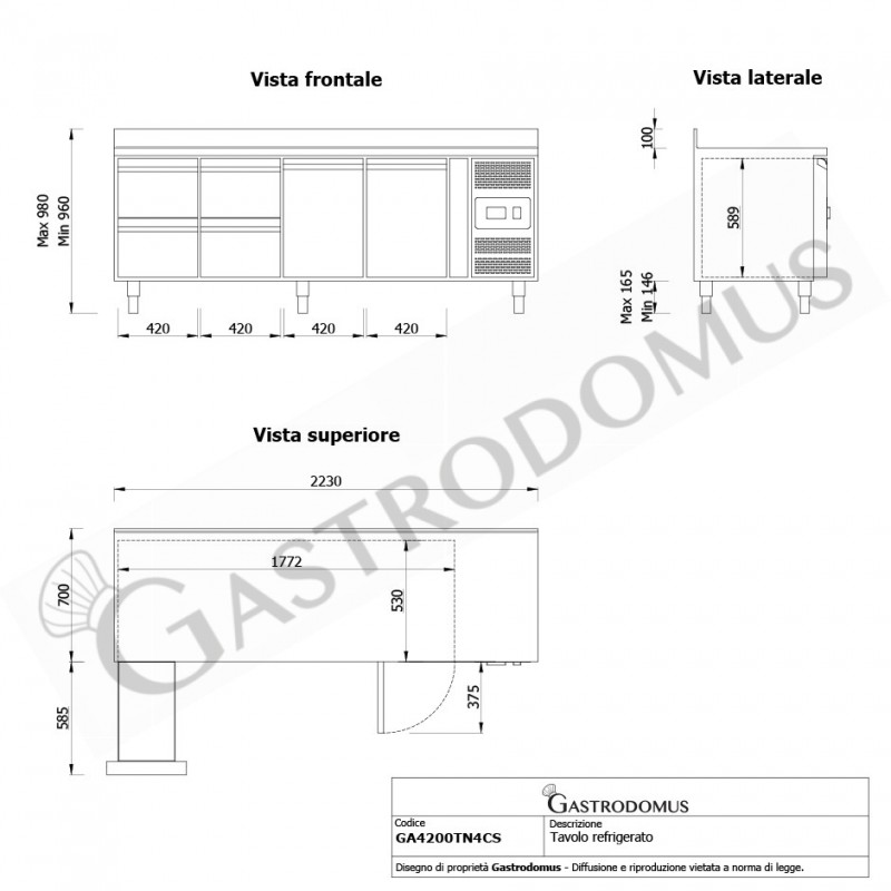 Kühltisch, 2 Türen, 4 Schubladen, Aufkantung, Tiefe 700 mm, -2°C/+8°C