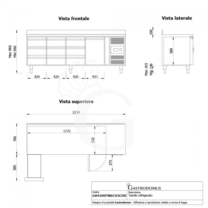 Kühltisch, 1 Tür, 9 Schubladen, Tiefe 700 mm, -2°C/+8°C