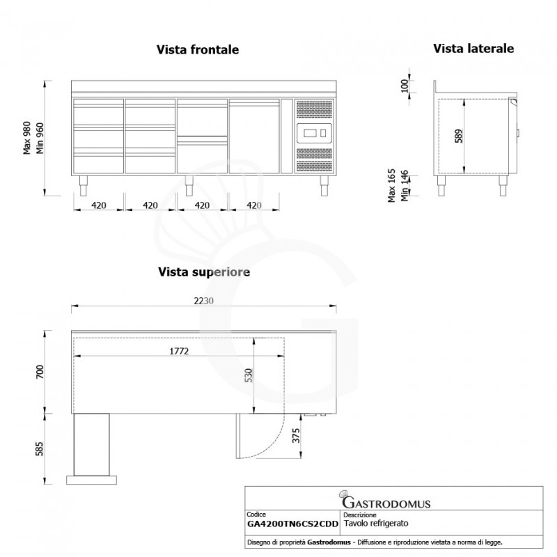 Kühlschranktisch mit 1 Tür und 8 Schubladen, Aufkantung, Prof.700 und Temperatur -2°C/+8°C