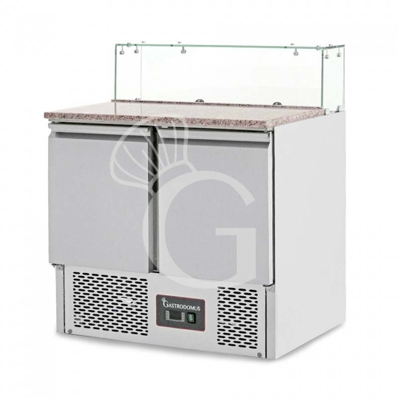 Pizza-Kühltisch / Saladette, 2 Türen, Temperatur +2°C/+8°C, Glasaufsatz, Arbeitsplatte aus Edelstahl