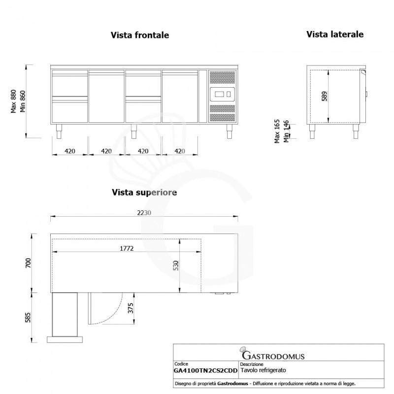 Kühltisch, 2 Türen, 4 Schubladen, Tiefe 700 mm, -2°C/+8°C