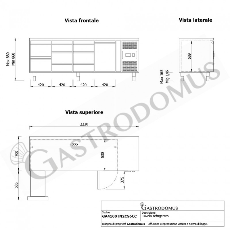 Kühltisch, 1 Tür, 8 Schubladen, Tiefe 700 mm, -2°C/+8°C