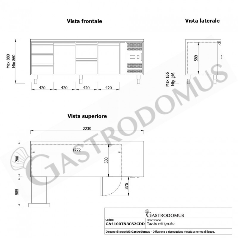 Kühltisch, 2 Türen, 5 Schubladen, Tiefe 700 mm, -2°C/+8°C