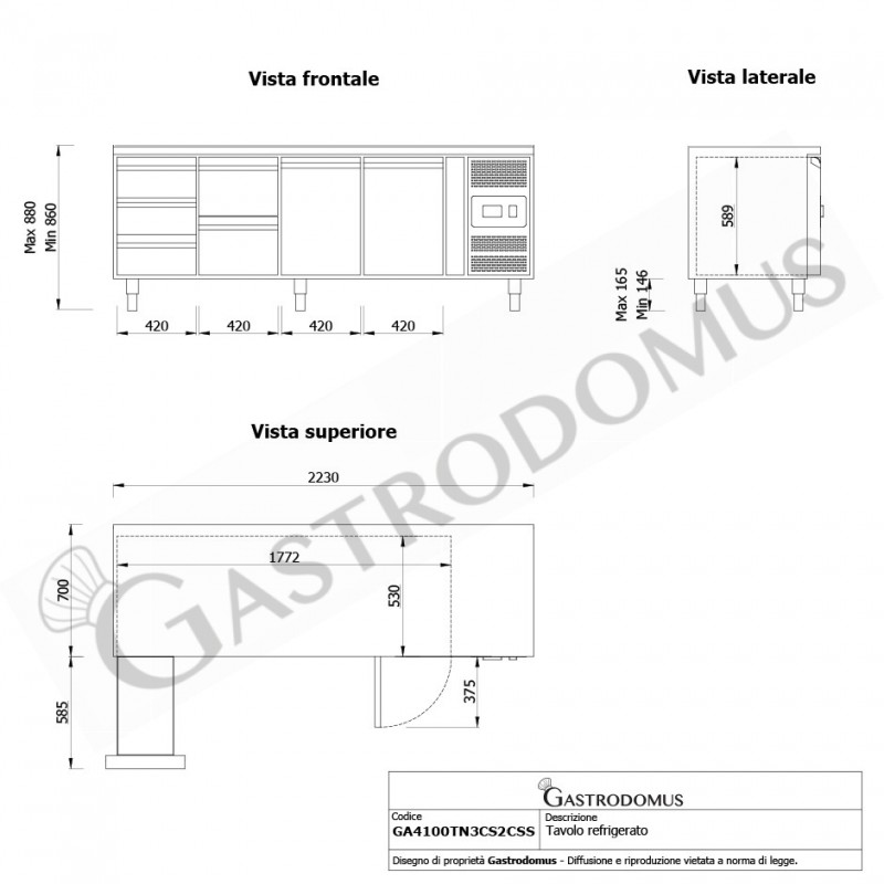 Kühltisch, 2 Türen, 5 Schubladen, Tiefe 700 mm, -2°C/+8°C