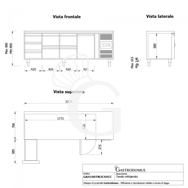 Kühltisch, 1 Tür, 7 Schubladen, Tiefe 700 mm, -2°C/+8°C