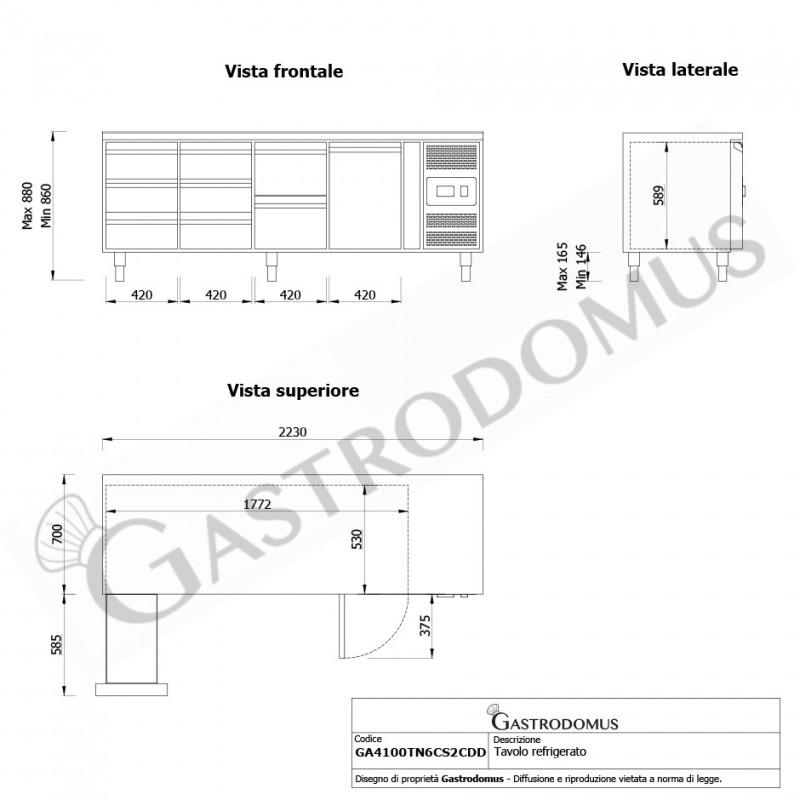 Kühltisch, 1 Tür, 8 Schubladen, Tiefe 700 mm, -2°C/+8°C