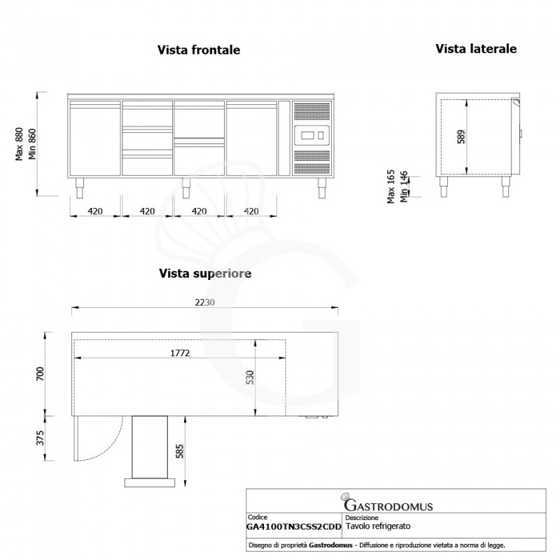 Kühltisch, 2 Türen, 5 Schubladen, Tiefe 700 mm, -2°C/+8°C