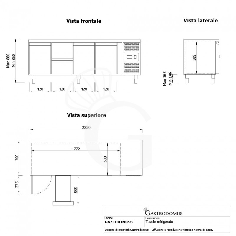 Kühltisch, 3 Türen, 2 Schubladen, Tiefe 700 mm, -2°C/+8°C