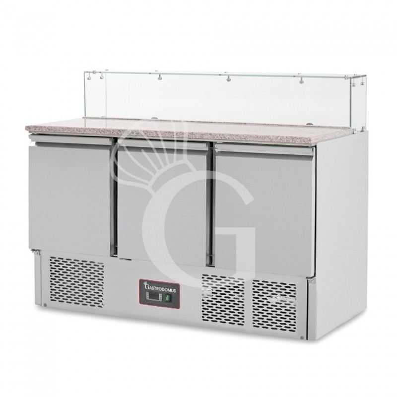 Kühltisch / Saladette, 3 Türen, Temperatur +2°C/+8°C, Glasaufsatz, Arbeitsplatte aus Granit