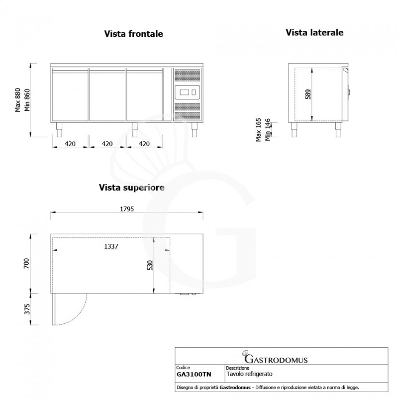 Kühltisch, 3-türig, Tiefe 700 mm, -2°C/+8°C, Energieklasse E