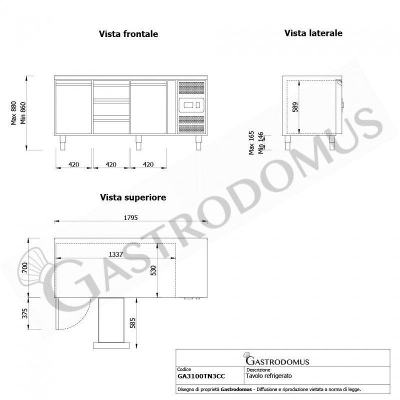 Kühltisch, 2 Türen, 3 Schubladen, Tiefe 700 mm, -2°C/+8°C