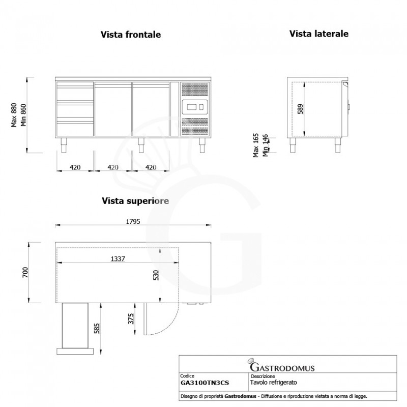 Kühltisch, 2 Türen, 3 Schubladen, Tiefe 700 mm, -2°C/+8°C