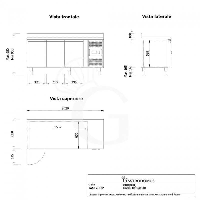 Tavolo refrigerato per pasticceria - 3 porte - 60 x 40 - alzatina