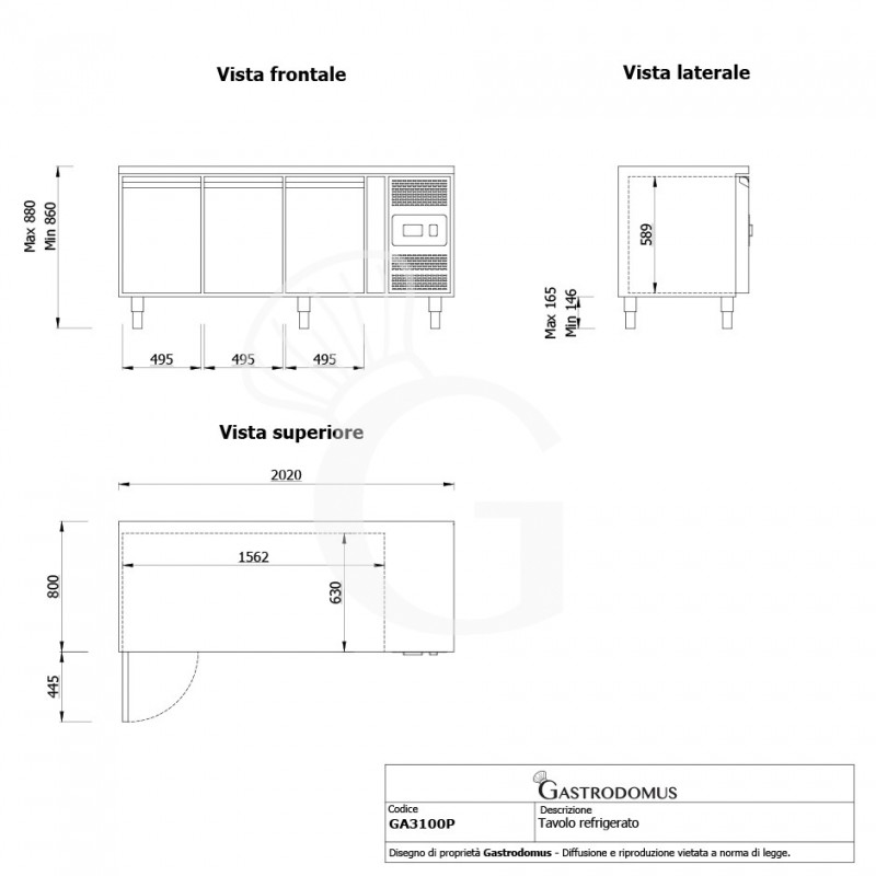 Tavolo refrigerato per pasticceria - 3 porte - 60 x 40 - piano in inox
