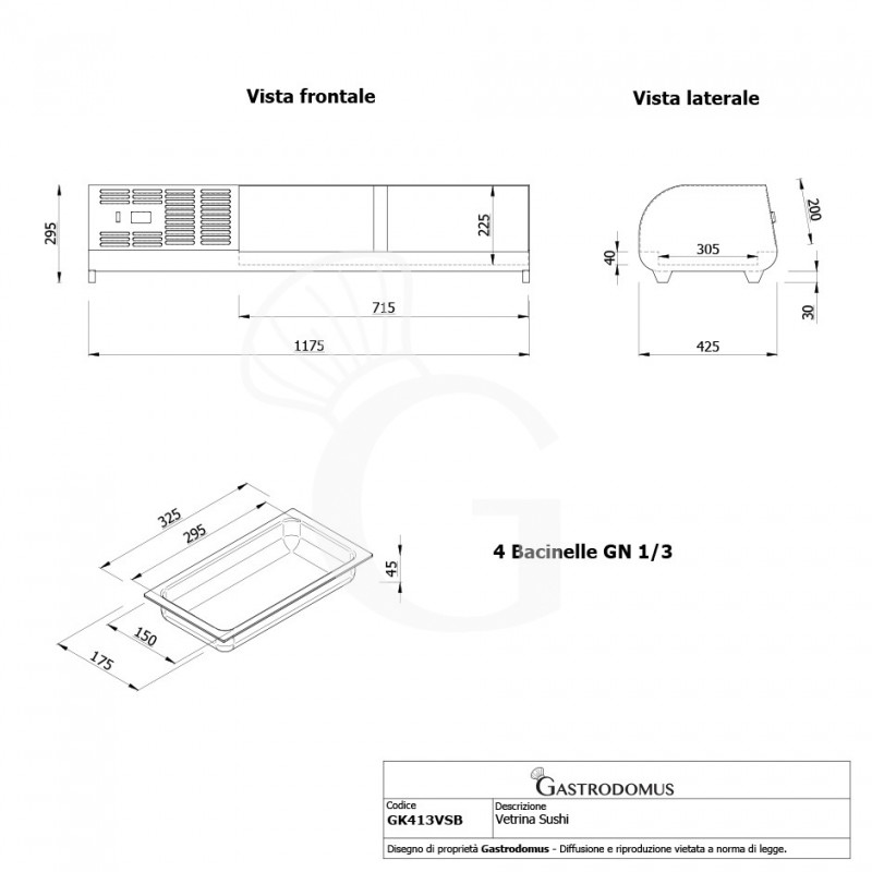 SUSHI-KÜHLAUFSATZVITRINE FÜR 4 x GN1/3 BEHÄLTER, B 1177 mm x T 420 mm x H 265 mm