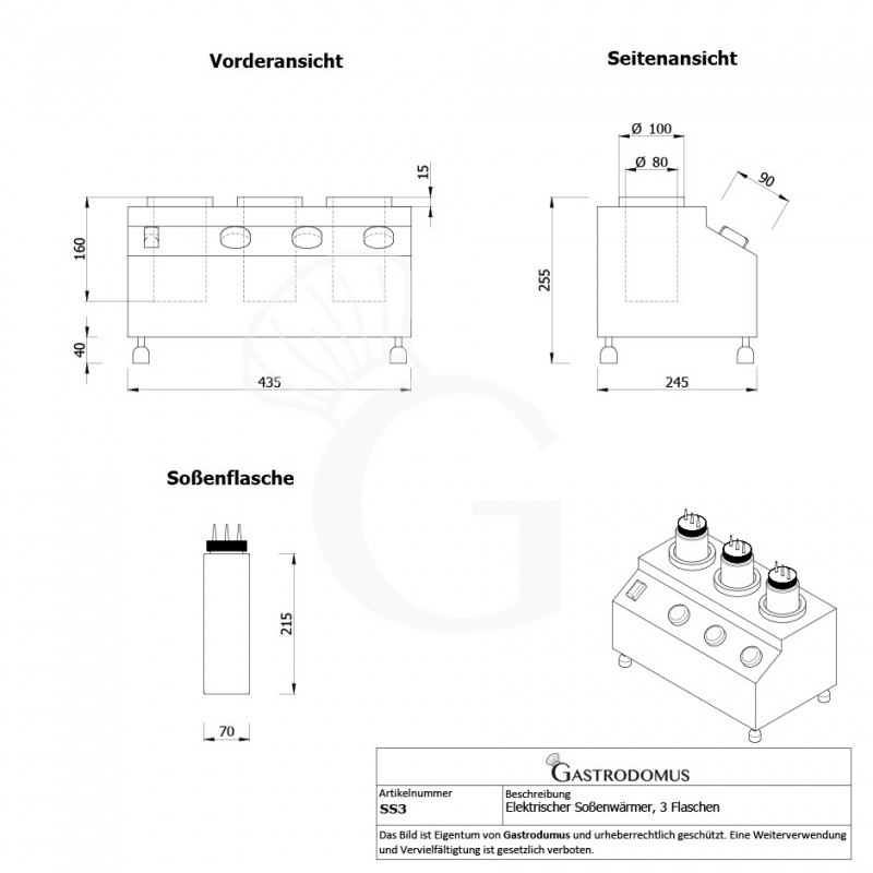 Saucenwärmer für 3 Flaschen (650 ml), elektrisch