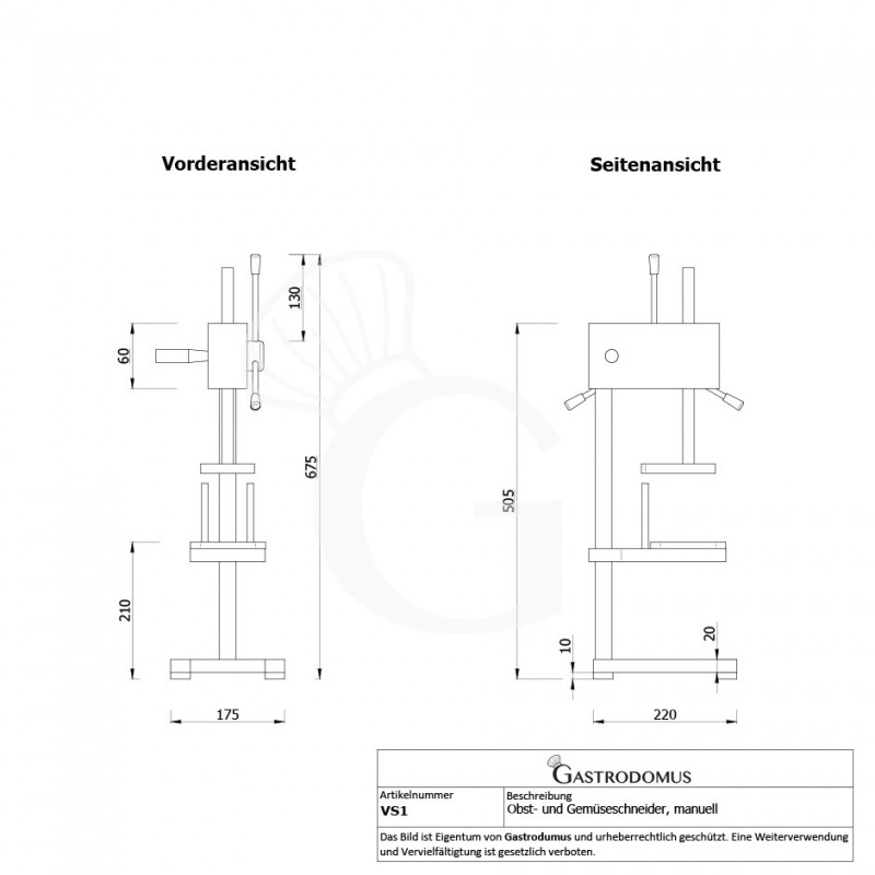 Obst- und Gemüseschneider / Kartoffelschneider, manuell, für Gemüsesticks, B 220 mm x T 175 mm x H 675 mm - Maße