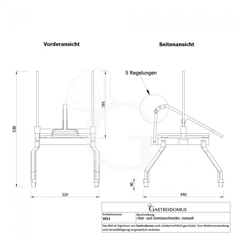 Obst- und Gemüseschneider, manuell, Gemüsesticks, B 320 mm x T 440 mm x H 530 mm - Maße