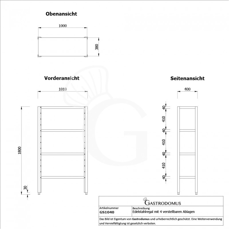 EDELSTAHLREGAL MIT 4 ABLAGEN, B 1010 MM X T 400 MM X H 1800 MM
