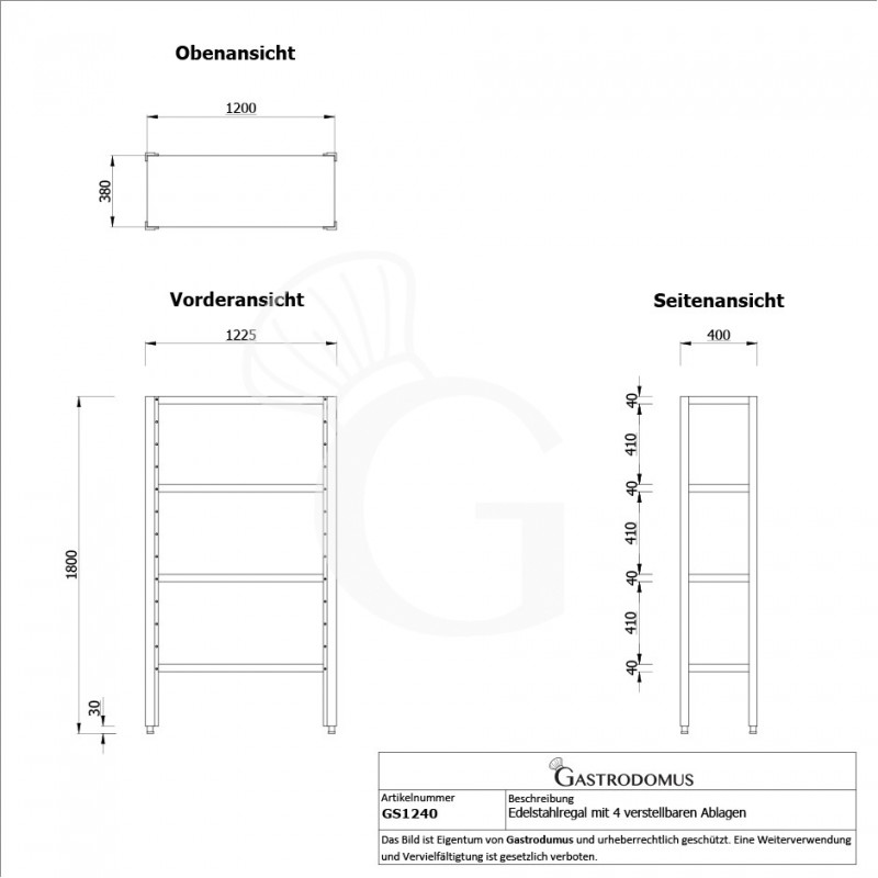 copy of Scaffale in acciaio inox con 4 ripiani, L 2000 x P 600 x H 2000 mm