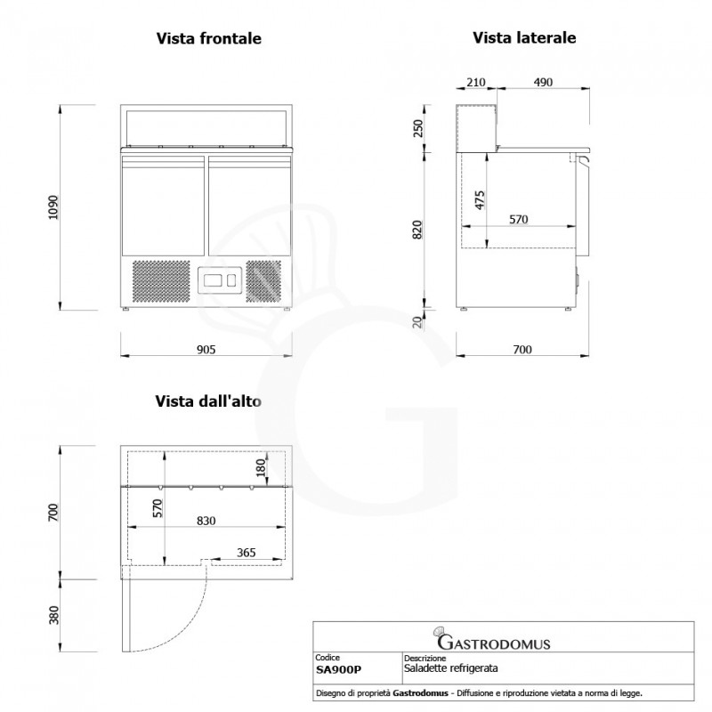 Pizzakühltisch / Saladette, statisch, 2 Türen, Temperatur +2°C/+8°C, Arbeitsplatte aus Granit