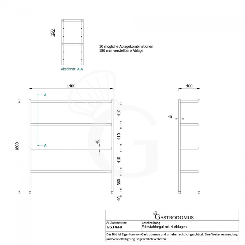 Edelstahlregal (1400 mm x T 400 mm x H 1800 mm), 4 Ablagen