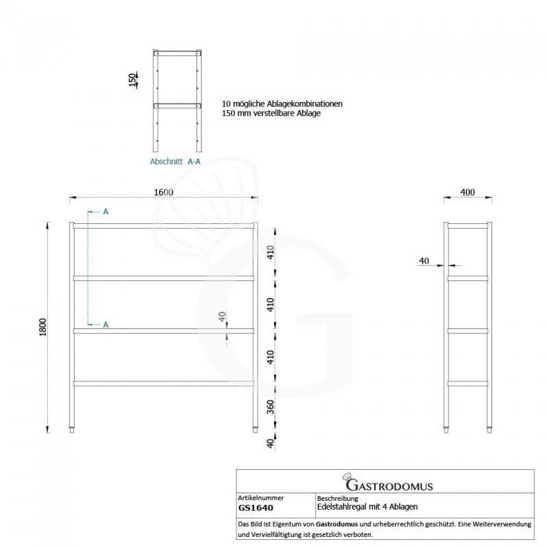 copy of Scaffale in acciaio inox con 4 ripiani, L 2000 x P 600 x H 2000 mm