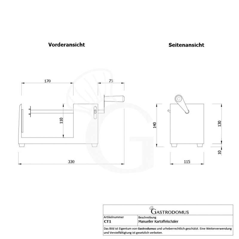Kartoffelschäler, geeignet für Spiralkartoffeln, B 250 x T 120 x H 140 mm - Maße