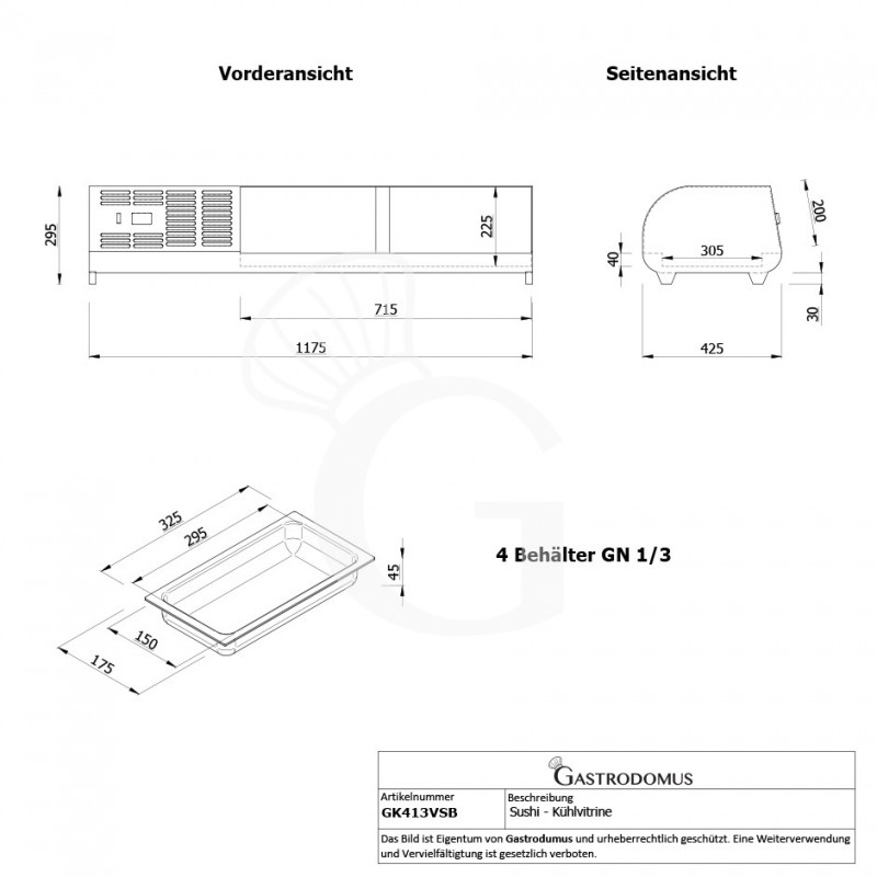 SUSHI-KÜHLAUFSATZVITRINE FÜR 4 x GN1/3 BEHÄLTER, B 1177 mm x T 420 mm x H 265 mm