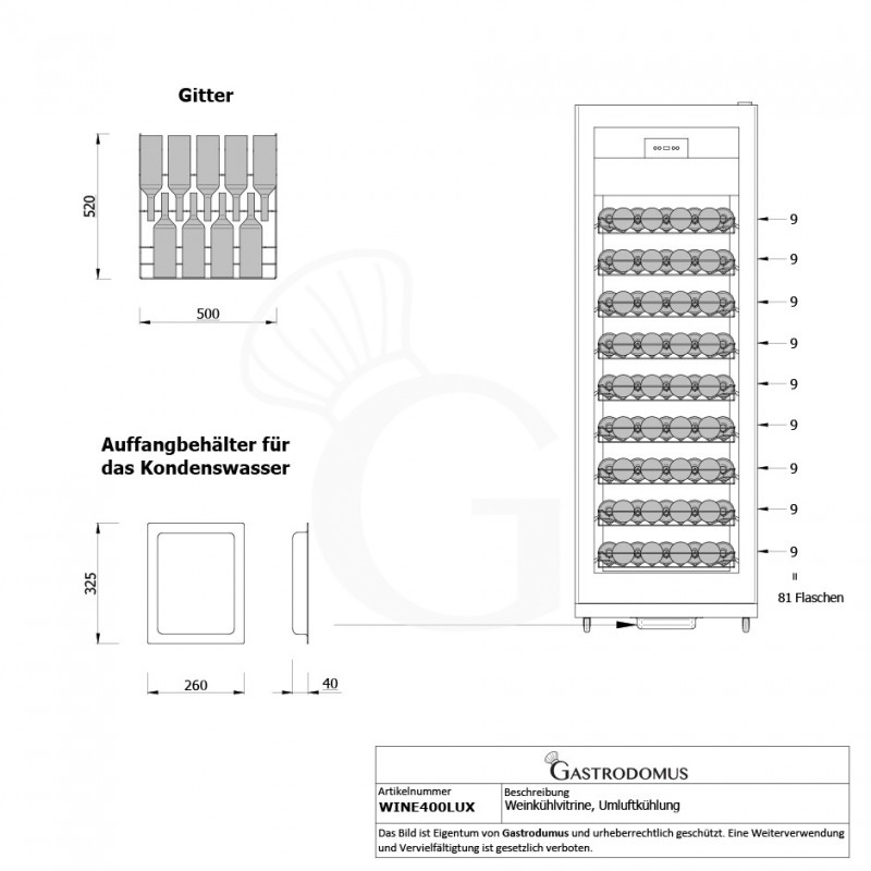 Weinkühlvitrine, 4-seitig verglast, Umluftkühlung, gewölbte Glastür mit Edelstahlumrandung, 9 Ablagen, 81 Flaschen, +5°C/+18°C