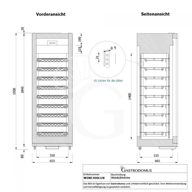Weinkühlvitrine, 4-seitig verglast, Umluftkühlung, gewölbte Glastür mit Edelstahlumrandung, 9 Ablagen, 81 Flaschen, +5°C/+18°C