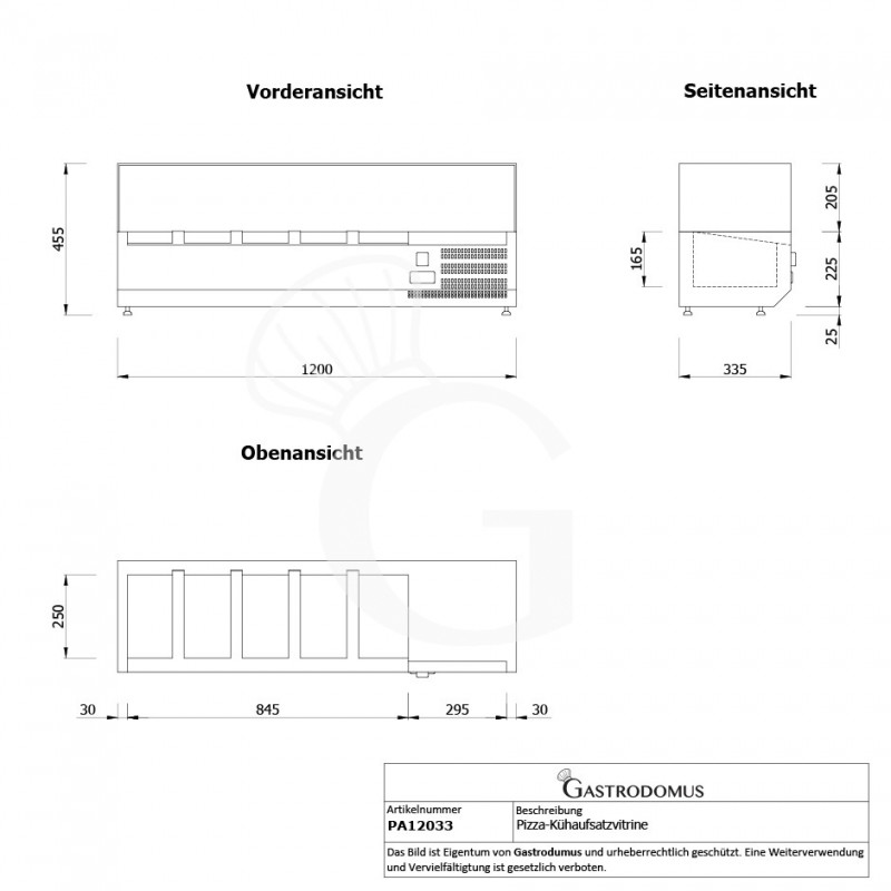 Pizza-Kühlaufsatzvitrine, Länge 1200 mm, für 5 GN1/4 Behälter