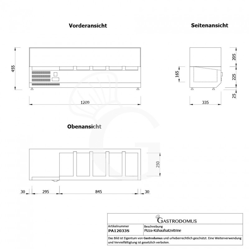 Pizza-Kühlaufsatzvitrine, Motor (links), Länge 1200 mm, für 5 Behälter GN1/4