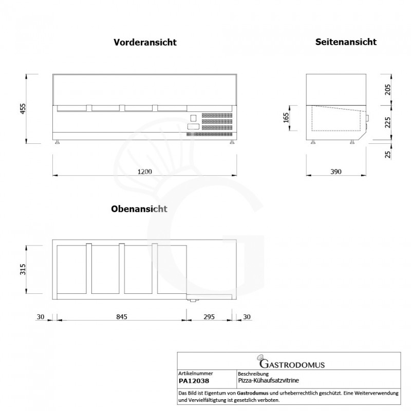 Pizza-Kühlaufsatzvitrine, Länge 1200 mm, für 3 GN1/3 Behälter + 1 GN1/2 Behälter