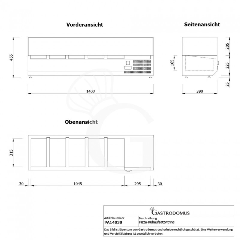 Pizza-Kühlaufsatzvitrine, Länge 1400 mm, für 4 Behälter GN1/3 + 1 Behälter GN1/2 - Maße
