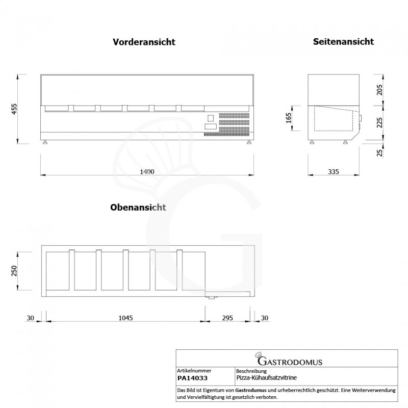 Pizza-Kühlaufsatzvitrine, Länge 1400 mm, für 6 GN1/4 Behälter
