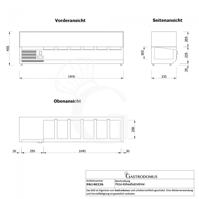Pizza-Kühlaufsatzvitrine, Motor (links), Länge 1400 mm, für 6 Behälter GN1/4