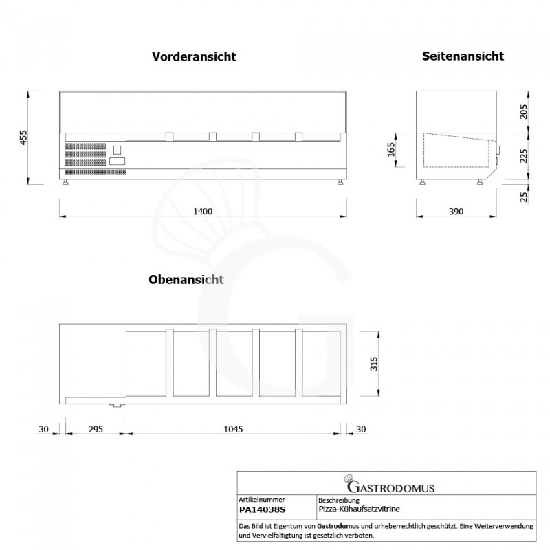 Pizza-Kühlaufsatzvitrine, Motor (links), Länge 1400 mm, für 4 Behälter GN1/3 + 1 Behälter GN1/2