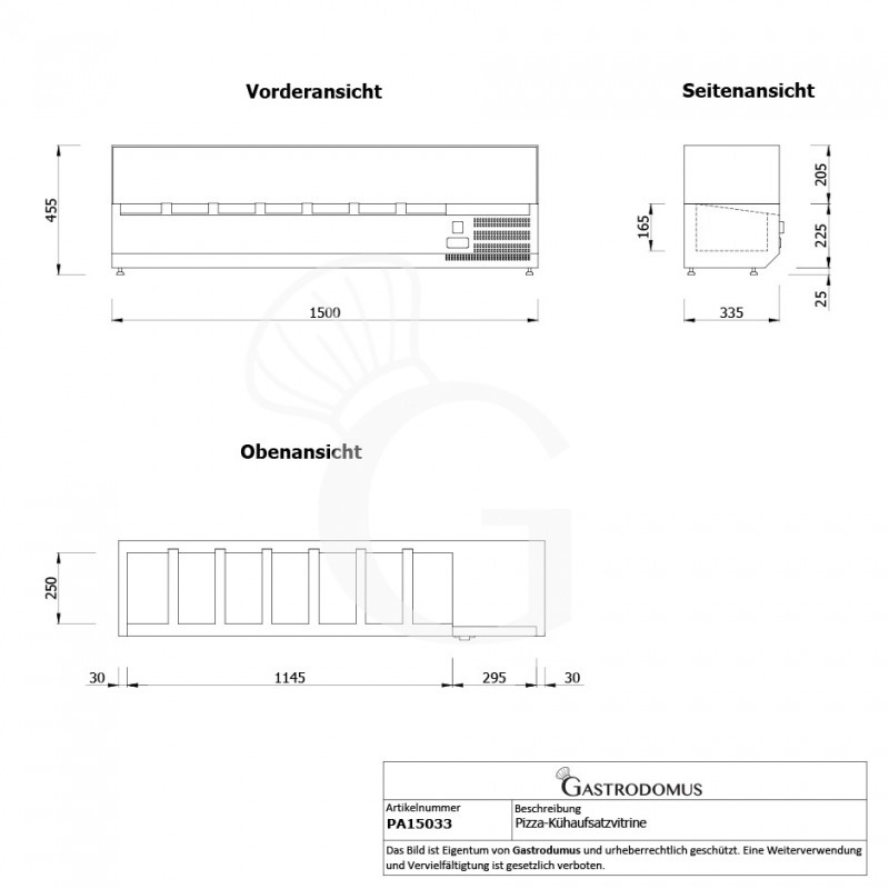 Pizza-Kühlaufsatzvitrine, Länge 1500 mm, für 7 GN1/4 Behälter - Maße