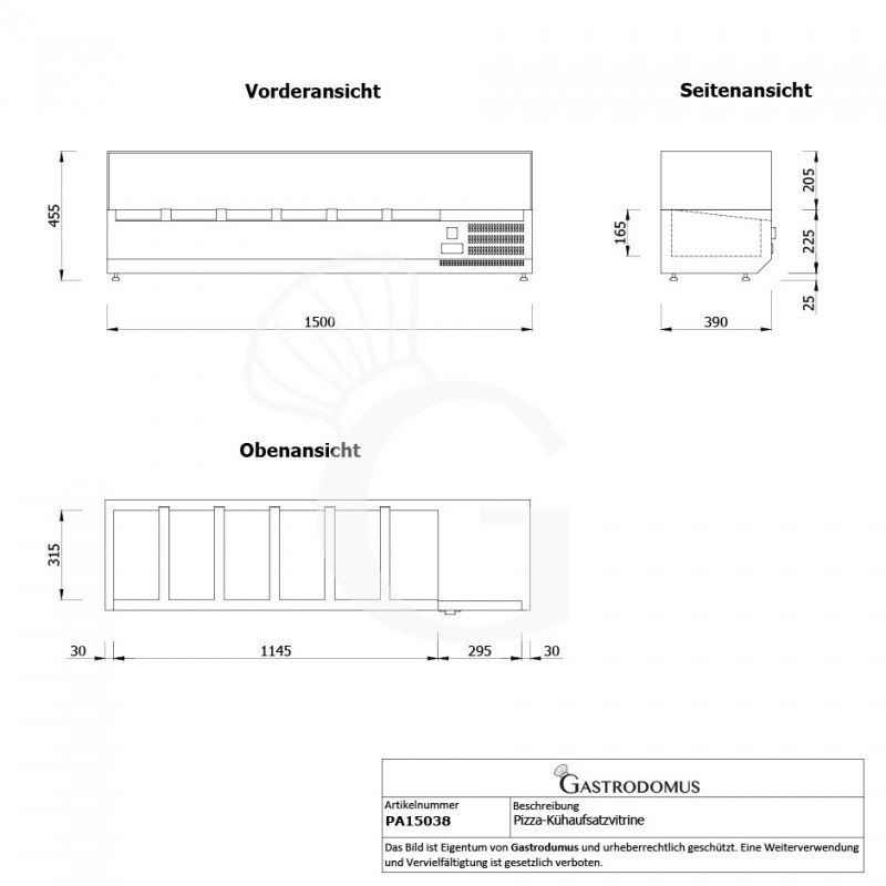 Pizza-Kühlaufsatzvitrine, Länge 1500 mm, für 5 Behälter GN1/3 + 1 Behälter GN1/2 - Maße