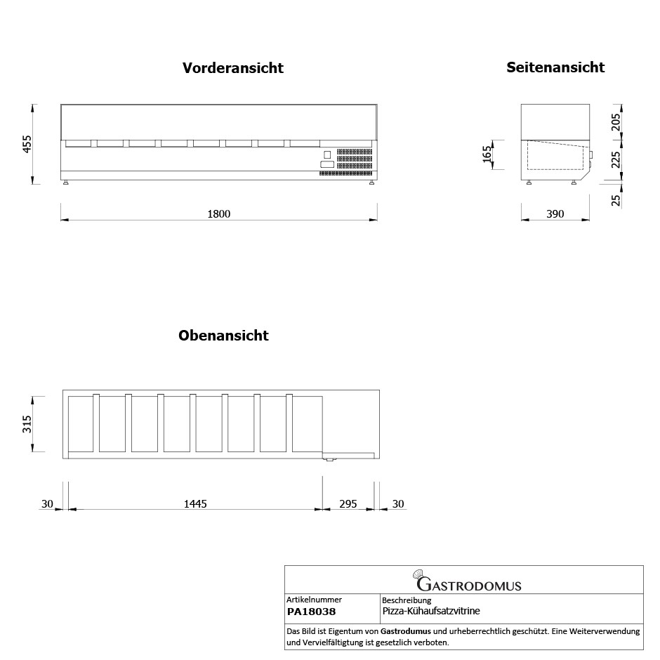 Pizza-Kühlaufsatzvitrine, Länge 1800 mm, für 8 Behälter GN1/3