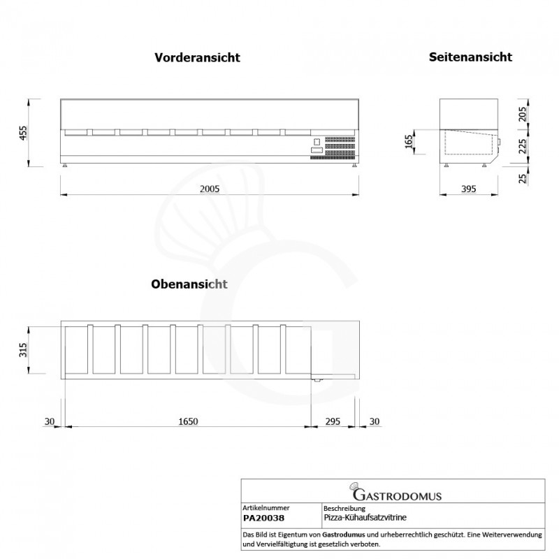 Pizza-Kühlaufsatzvitrine, Länge 2000 mm, für 9 Behälter GN1/3