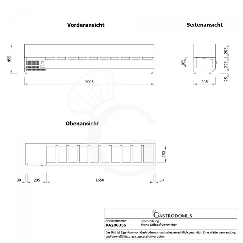 Pizza-Kühlaufsatzvitrine, Motor (links), Länge 2000 mm, für 10 Behälter GN1/4