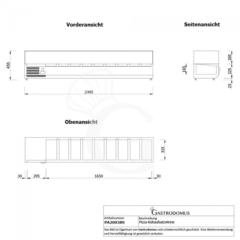 Pizza-Kühlaufsatzvitrine, Motor (links), Länge 2000 mm, für 9 Behälter GN1/3