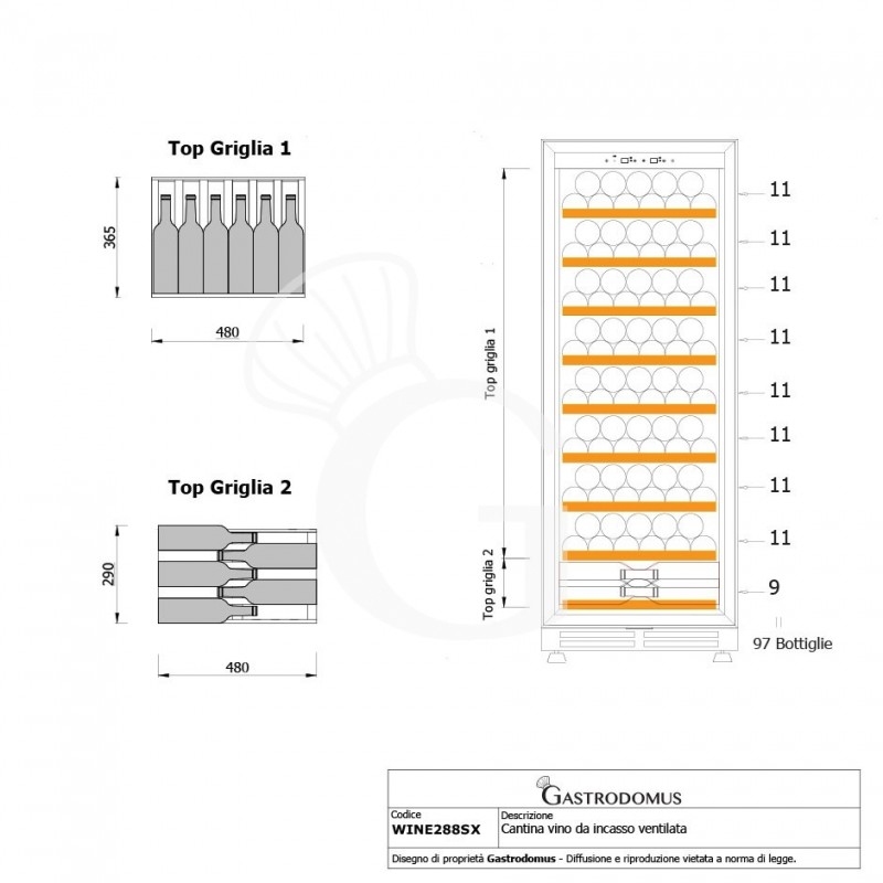 Einbau-Weinkühlschrank (288 L), 1 Kühlzone, 9 Fächer, 97 Flaschen, +5°C/+12°C, Umluftkühlung, Tür mit Edelstahlumrandung