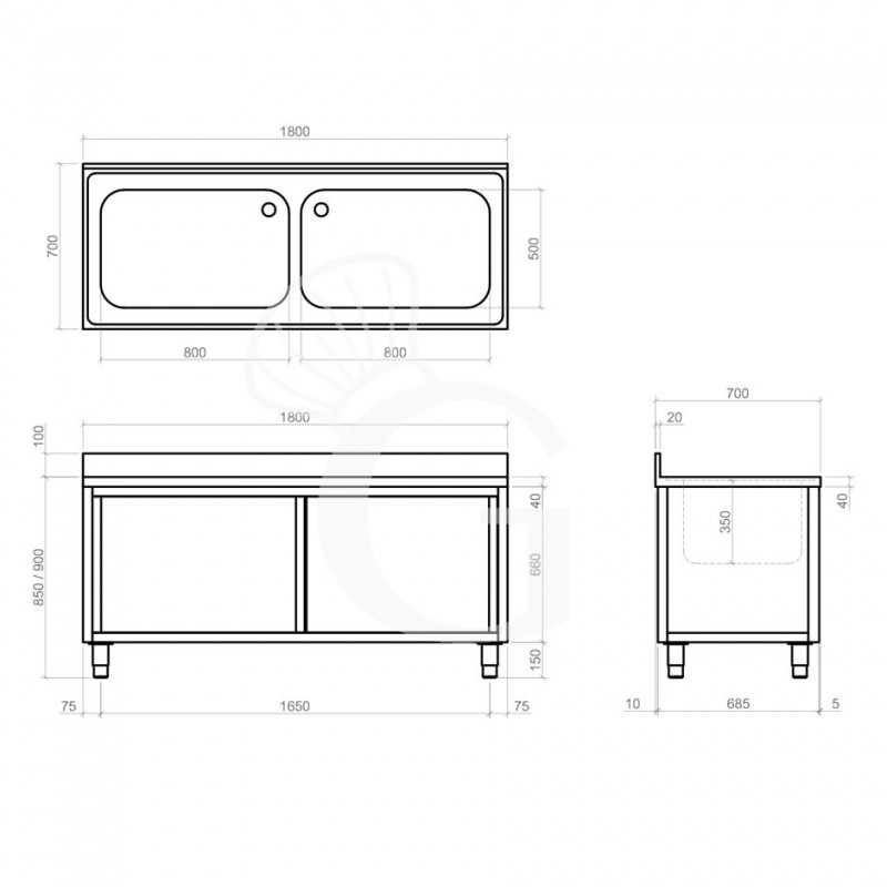 Spülschrank, Edelstahl, Schiebetüren, 2 Becken, Aufkantung, B 1800 mm x T 700 mm x H 950 mm