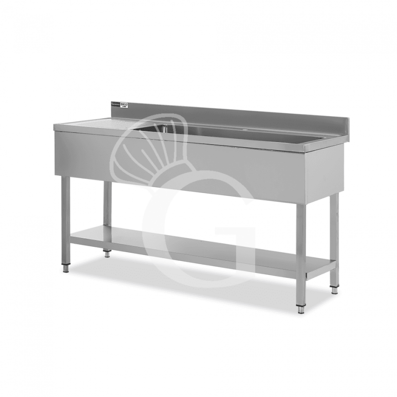 Spültisch, Edelstahl, Abtropffläche links, Grundboden, Aufkantung, 1 Becken, B 1600 x T 600 x H 965 mm, Hahnloch (Ø 32 mm)